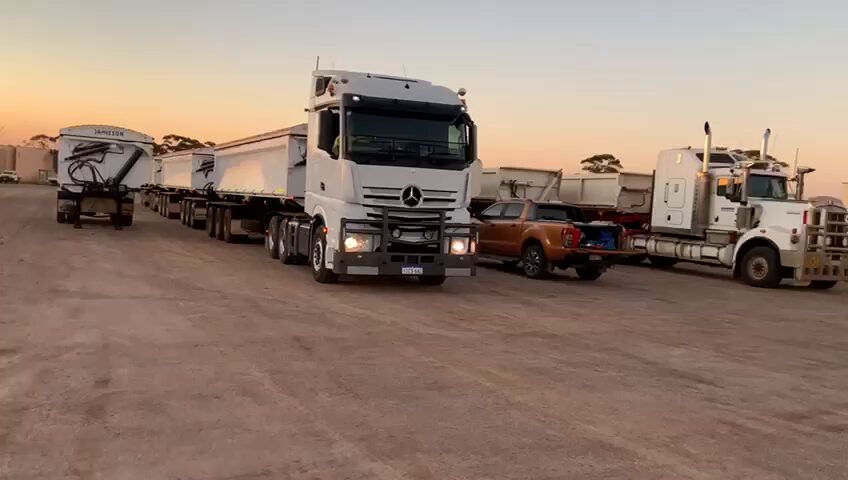 Mercedes-Benz and Western Star prime movers lined up at dusk